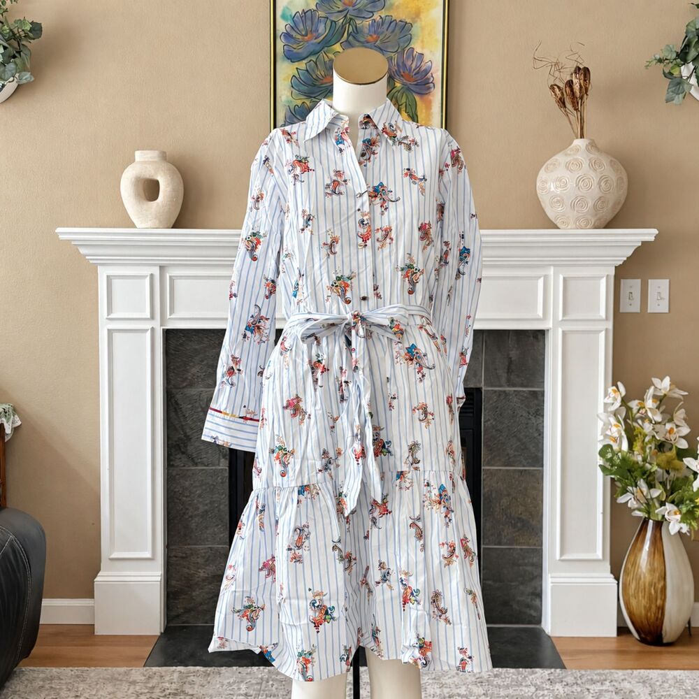 ROBERT GRAHAM Paisley Stripe Shirt Dress Size 4 NWT White Blue Belted